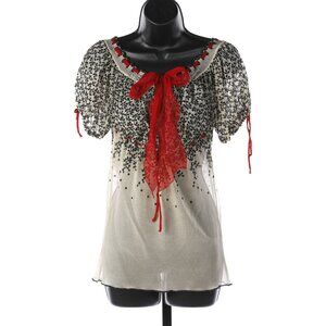 Jean Paul Gaultier White Mesh Blouse w/ Black Embroidery